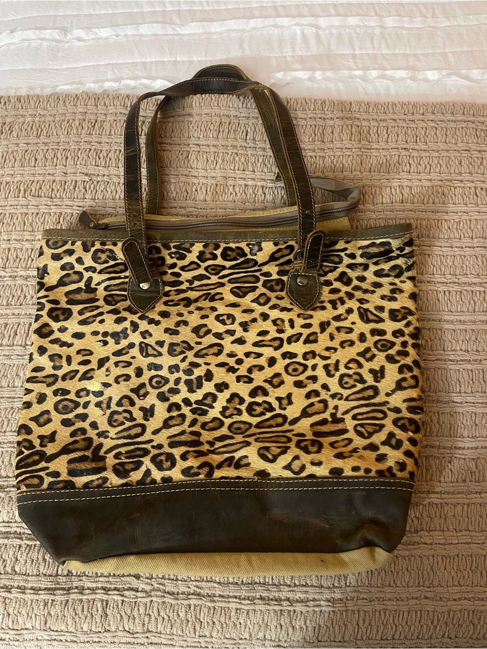 Myra Bag Leopard Print Shoulder Tote with Brown Trim
